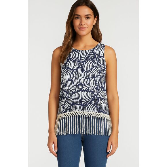 Lilly Pulitzer Blue White Print Fringe Hem Tank Top | Size 10 | Boho Festival - Picture 1 of 10